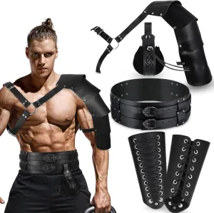 5 Pcs Leather Single Shoulder Armor Cover, Arm Bracers, Viking Belt, Waist Bag Halloween Renaissance Medieval Cosplay Party
