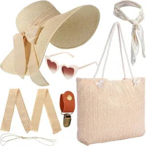 5 Pcs Women Straw Beach Hat Set with Straw Beach Tote Bag Summer Sunglasses Women Head Scarf Hat Clip for Travel Beige