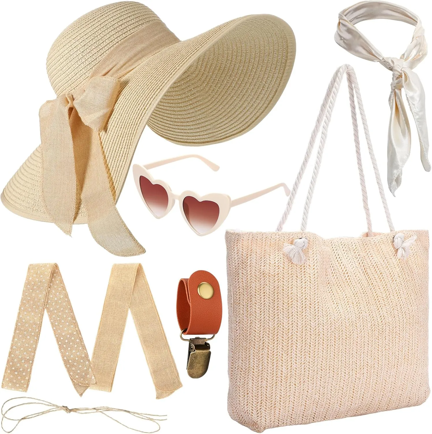 5 Pcs Women Straw Beach Hat Set with Straw Beach Tote Bag Summer Sunglasses Women Head Scarf Hat Clip for Travel Beige