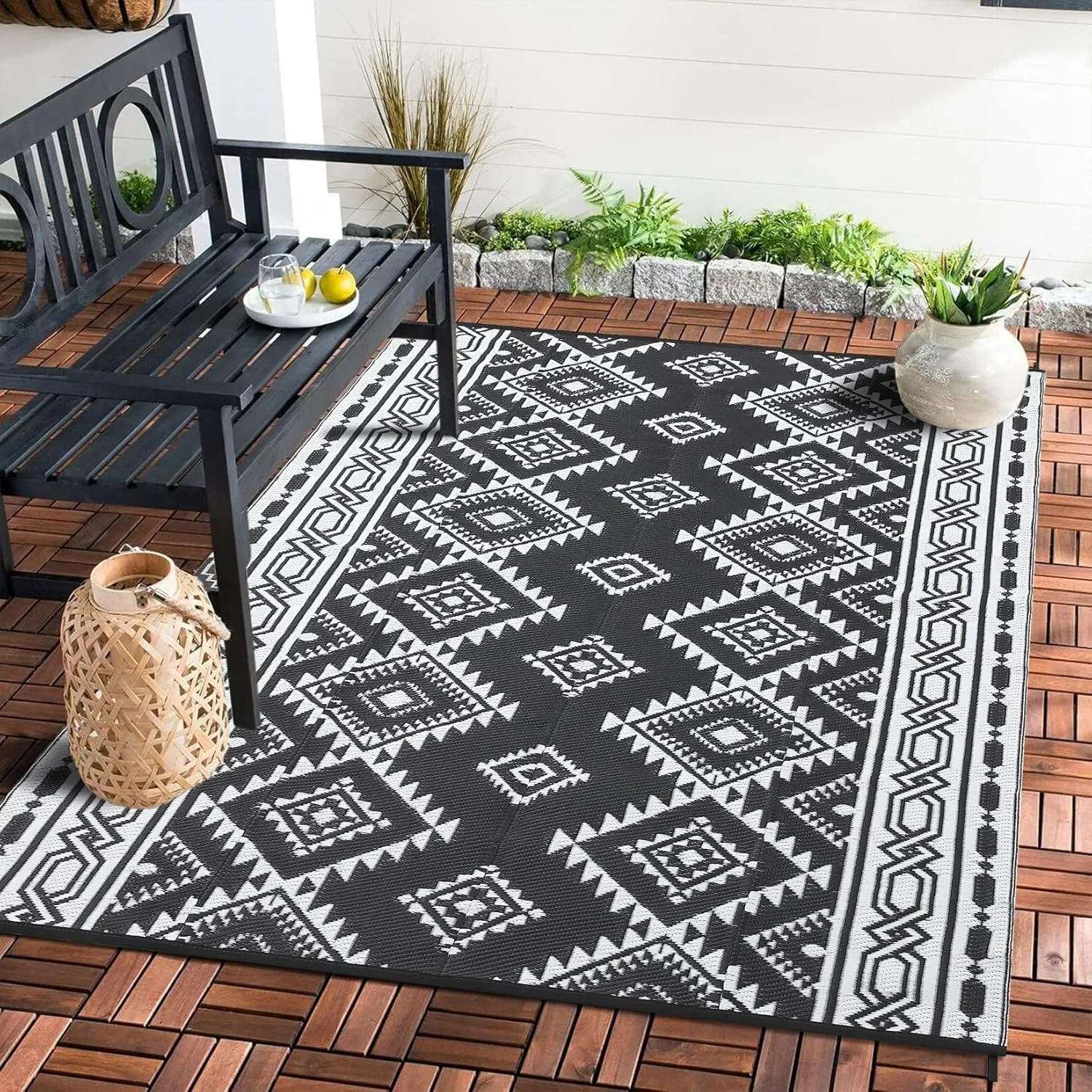 5' x 8' Reversible Mats, Plastic Straw Rug, Modern Area Rug, Large Floor Mat for Outdoors, RV, Patio, Backyard, Deck, Picnic, Beach, Trailer, Camping, Porch, Balcony, Bohemia Black & White