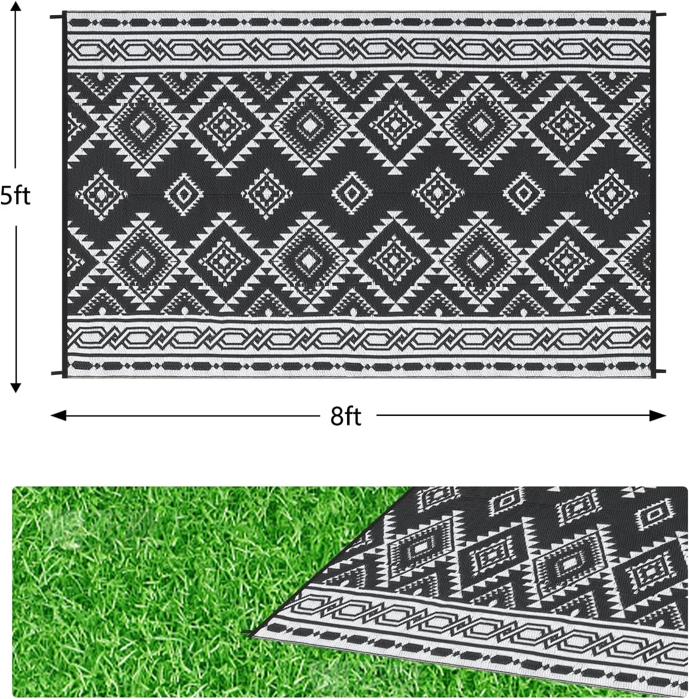 5' x 8' Reversible Mats, Plastic Straw Rug, Modern Area Rug, Large Floor Mat for Outdoors, RV, Patio, Backyard, Deck, Picnic, Beach, Trailer, Camping, Porch, Balcony, Bohemia Black & White