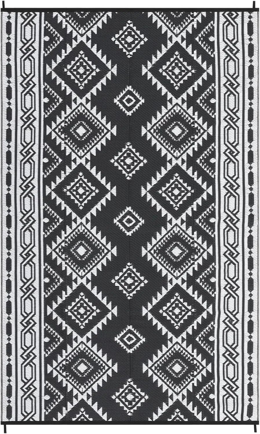 5' x 8' Reversible Mats, Plastic Straw Rug, Modern Area Rug, Large Floor Mat for Outdoors, RV, Patio, Backyard, Deck, Picnic, Beach, Trailer, Camping, Porch, Balcony, Bohemia Black & White