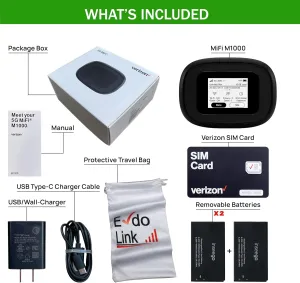 5G Mobile Portable WiFi | Verizon Wireless Jetpack Inseego MiFi M1000 | LTE Cat20 Up to 2,4 Gbps | Usage Up to 12 Hours | Mobile Hotspot for Travel | EVDO-LINK Bundle - Verizon Sim Card