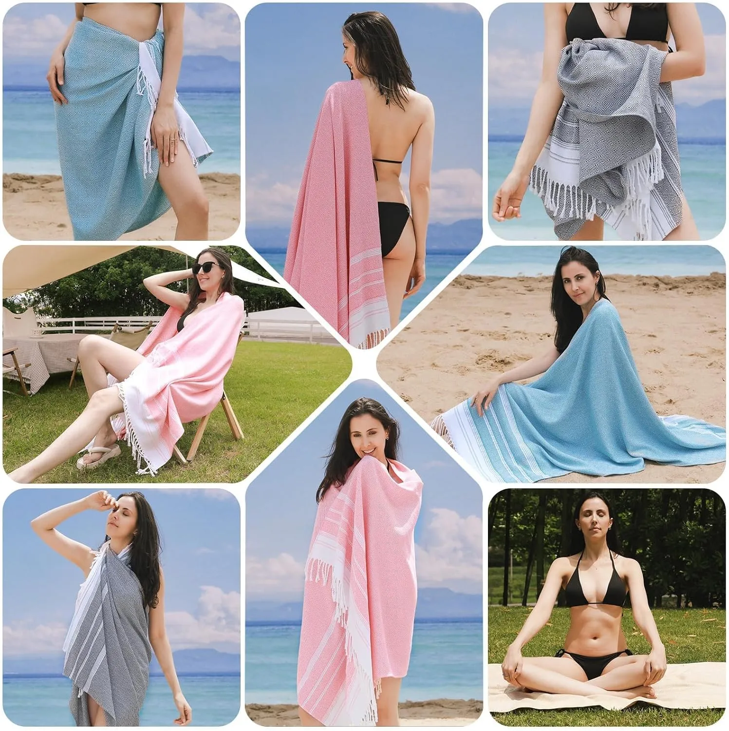 6 Packs Oversized Turkish Beach Towels Set Bulk 74"x38" Extra Large Sand Free Quick Dry Absorbent Swim Bath Camping Pool Towel Travel Blanket Adult Essentials Cruise Accessories Vacation Stuff