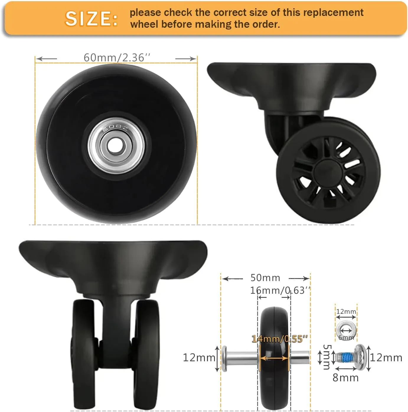 60mm x 14mm/2.36inx0.55inin Luggage Replacement Wheels Set 8Pcs with Saw 50mm/1.97in Axles Rubber Swivel Caster Wheels Travel Luggage Wheel Repair Kit for Suitcases Trolley Bags