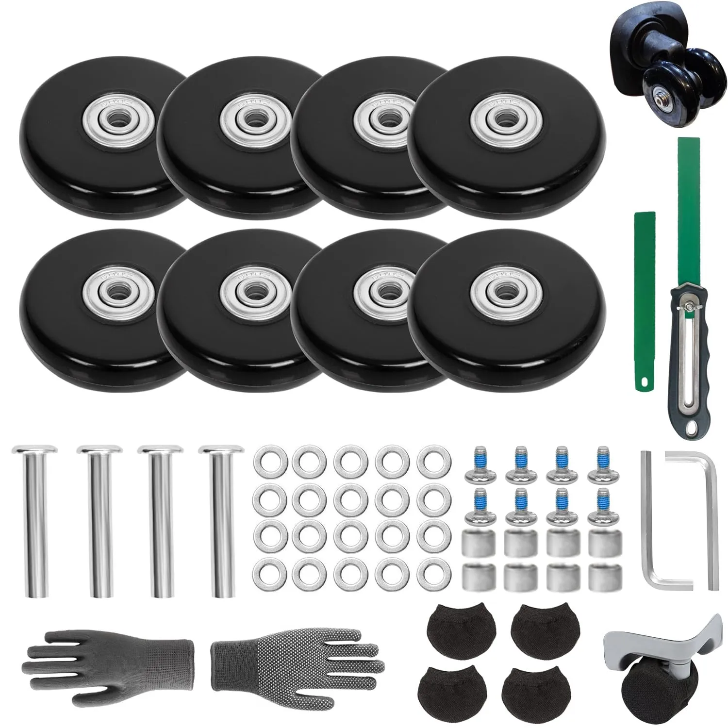 60mmx14mm/2.36inx0.55in Luggage Replacement Wheels Set 8Pcs with Saw &4Pcs Wheels Cover &Socks 50mm/1.97in Axles Rubber Swivel Caster Wheels Travel Luggage Wheel Repair Kit for SuitcasesTrolley Bags