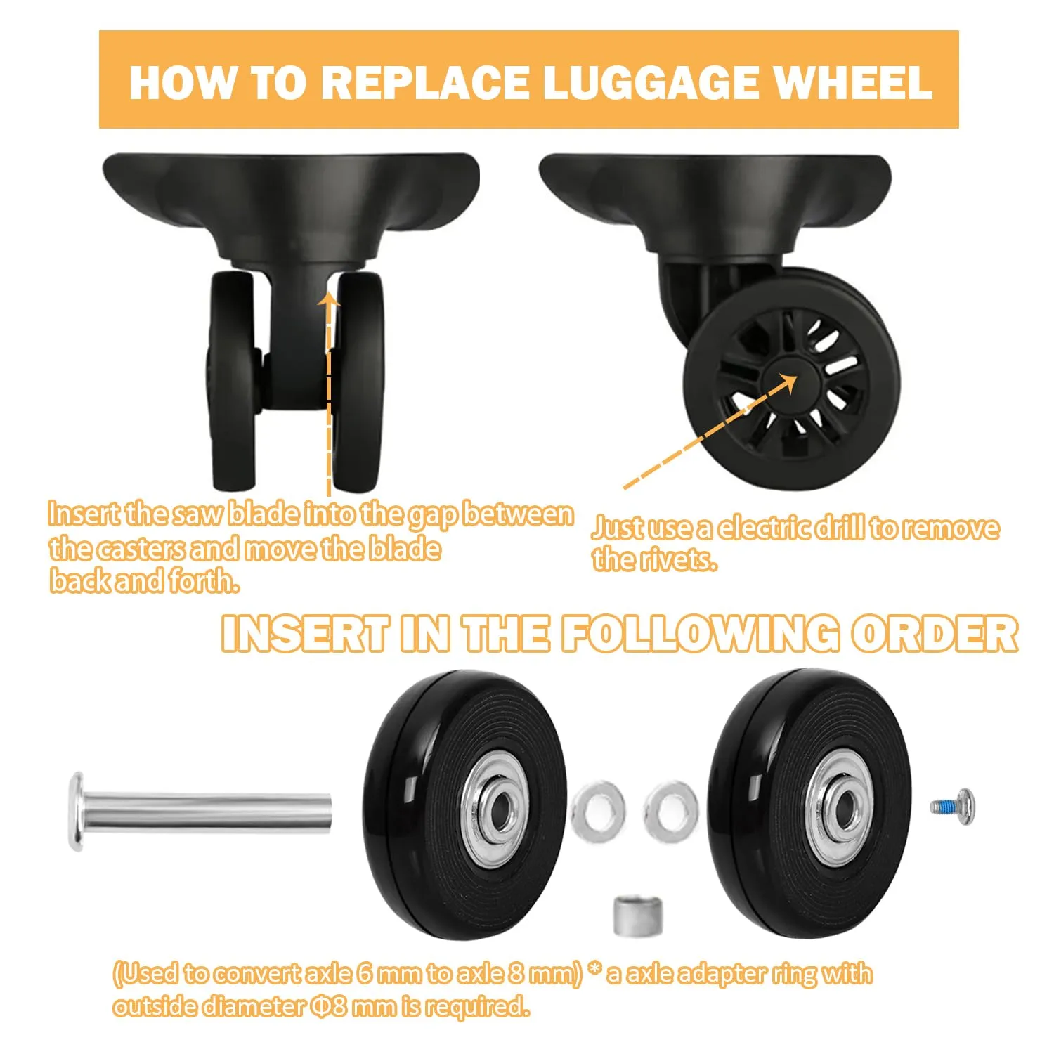 60mmx14mm/2.36inx0.55in Luggage Replacement Wheels Set 8Pcs with Saw &4Pcs Wheels Cover &Socks 50mm/1.97in Axles Rubber Swivel Caster Wheels Travel Luggage Wheel Repair Kit for SuitcasesTrolley Bags