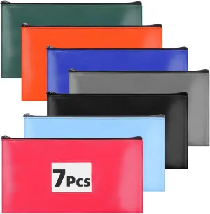 7 Pack Bank Deposit Money Bags with Zipper, 7 Colors Leather Bags Wallet Pouches with Label, Makeup Bag for Cash, Coins, Cosmetics, Invoice, Bills, Tools (11 x 6.3 Inches)