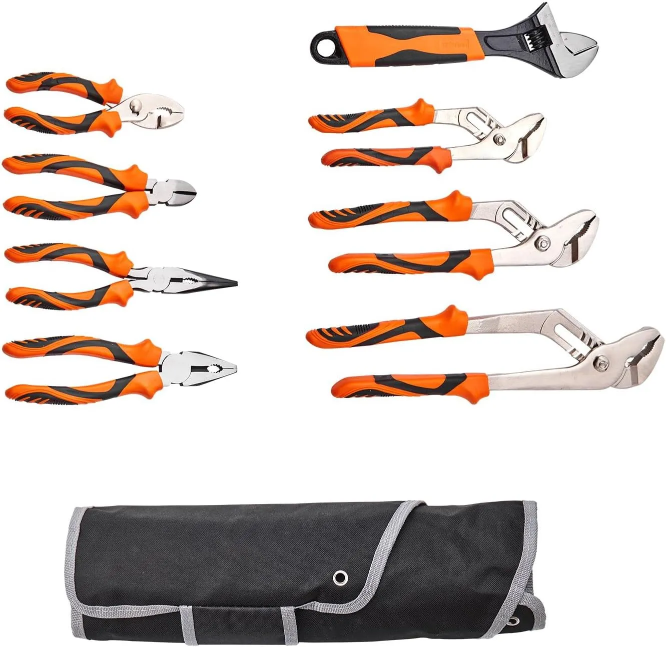 8-Piece High Carbon Steel Pliers Set with Tool Bag - Includes 12", 10", 8" Groove Joint Pliers, 8" Linesman's, 6" Slip Joint, 8" Long Nose, 6" Diagonal Cutter & 10" Adjustable Wrench