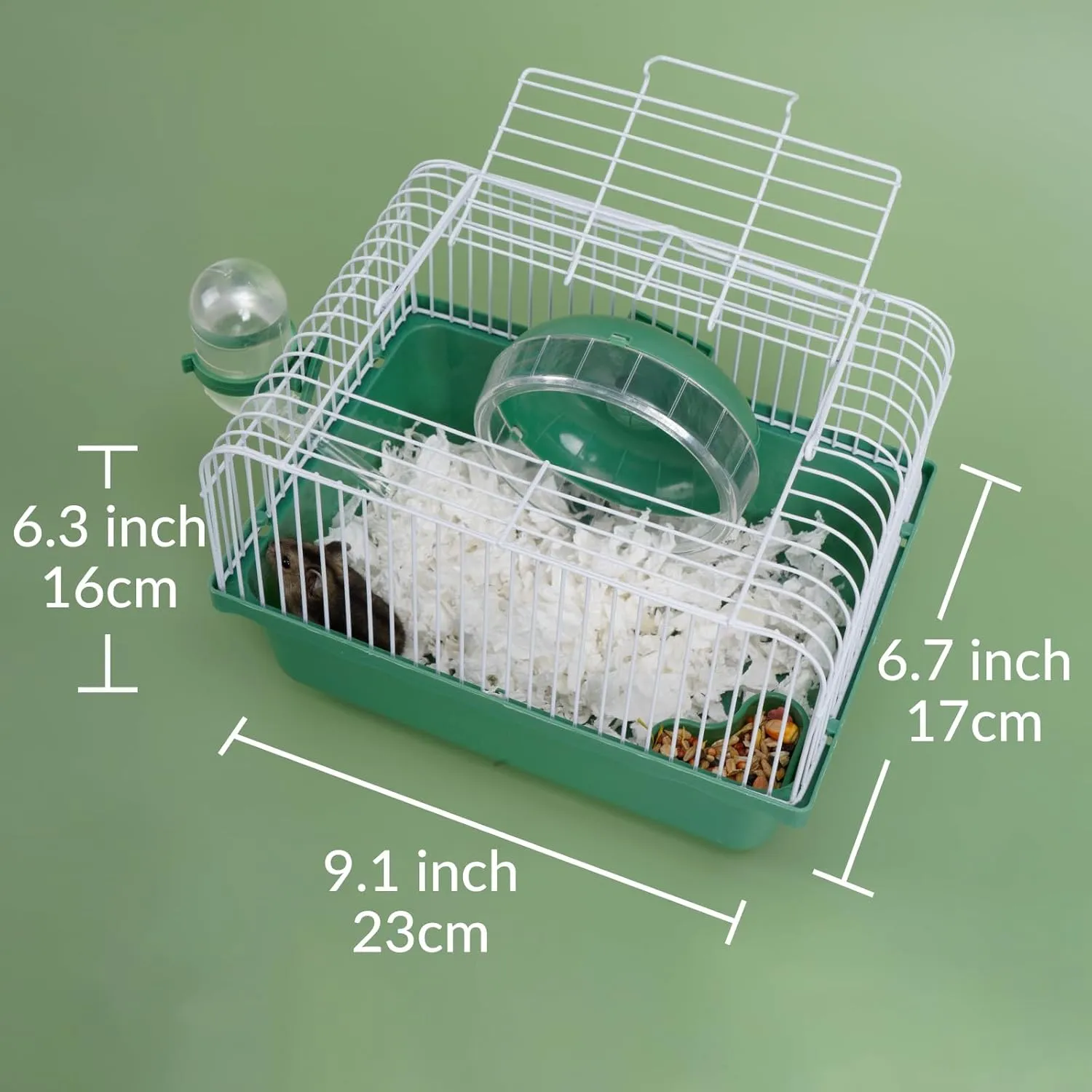 9.1×6.7×6.3 inch Small Portable Hamster Cages, Hamster Carrier, Pet Travel Carrier, Small Animal Pet Cages, with Water Bottle, Food Bowl, Wheel, Green