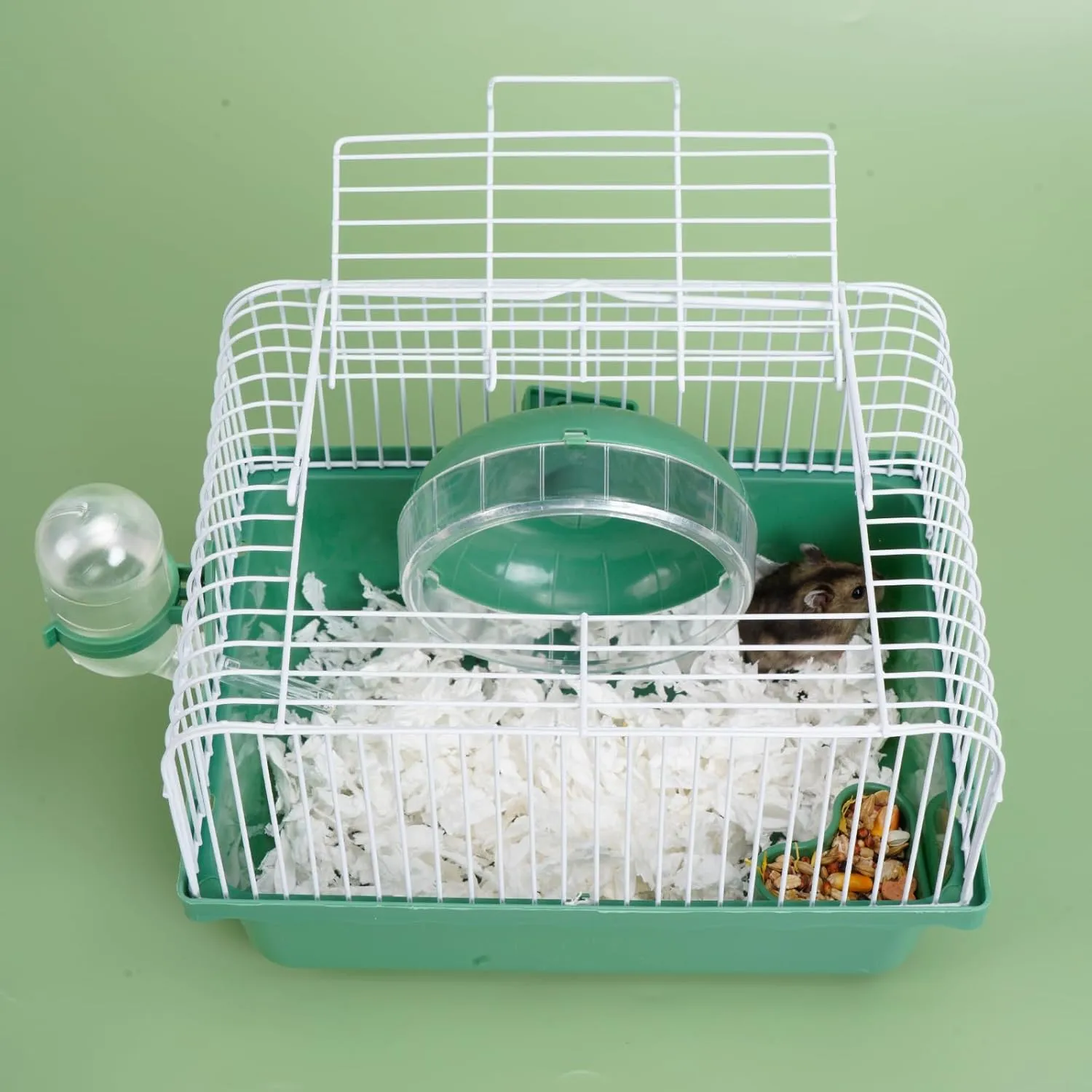9.1×6.7×6.3 inch Small Portable Hamster Cages, Hamster Carrier, Pet Travel Carrier, Small Animal Pet Cages, with Water Bottle, Food Bowl, Wheel, Green