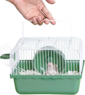 9.1×6.7×6.3 inch Small Portable Hamster Cages, Hamster Carrier, Pet Travel Carrier, Small Animal Pet Cages, with Water Bottle, Food Bowl, Wheel, Green