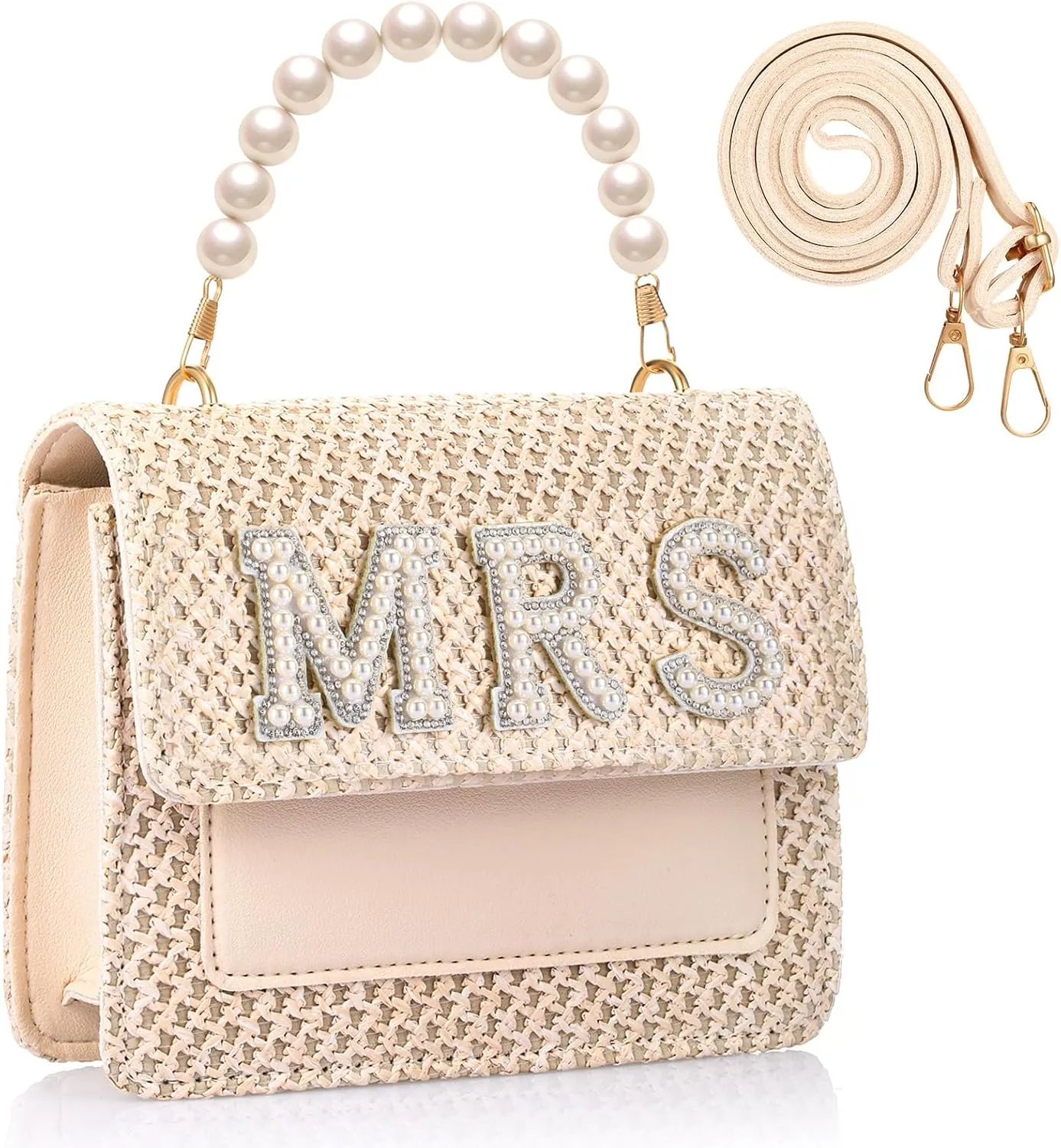 Abbylike Bride Purse Bridal Beach Straw Bag with Pearls Handle Clutch Purse Women Gifts for Wedding Bachelorette Honeymoon