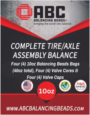 ABC Balancing Beads | Complete Tire, Wheel and Axle Assembly Balance for Full Size Pick Up Trucks, Off-Road Vehicles and SUVs | DIY Kit with 4-10oz Bags (40oz) Balancing Beads, 4 Valve Cores, 4 Caps