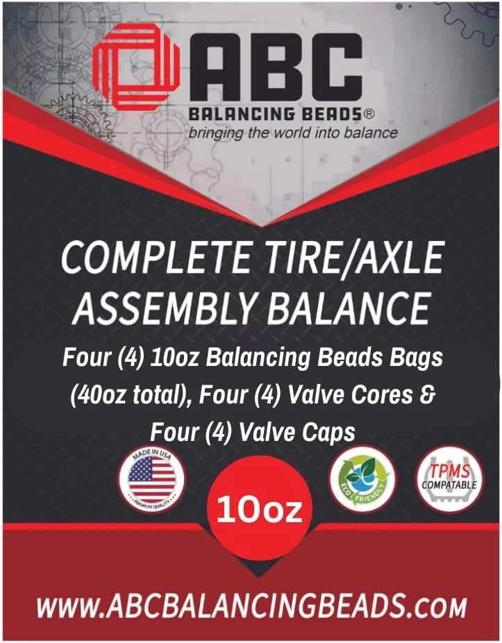 ABC Balancing Beads | Complete Tire, Wheel and Axle Assembly Balance for Full Size Pick Up Trucks, Off-Road Vehicles and SUVs | DIY Kit with 4-10oz Bags (40oz) Balancing Beads, 4 Valve Cores, 4 Caps