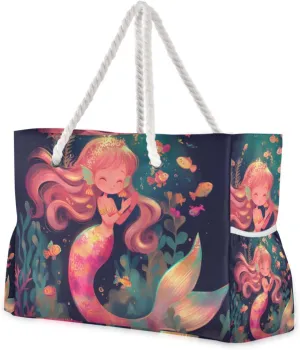 Adorable Cartoon Colorful Mermaid Fish Weekender Bag Women Waterproof Sandproof with side pockets Large Travel Duffel Bag Tote for Weekend Travel