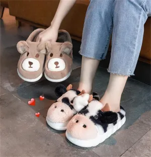 Adult Cotton Slippers Cow Slippers Women's Warm Plush Slippers Animal Slippers Men's Indoor Home and Outdoor Shoes for Winter Warmth
