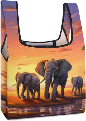 African Elephant Family in Sunset Reusable Grocery Bag Foldable Shopping Tote Bags With Handle Portable Handbag