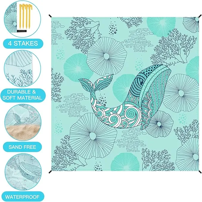 Airensky Beach Blanket Sandproof, Oversized Beach Mat 79" X 82" for 4-7 Adults, Waterproof Beach Blanket Quick Drying Lightweight Blanket with 4 Stakes for Outdoor Travel Camping Hiking(Green Whales)