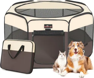 Aivituvin Dog Playpen, Foldable Pet Play Pens with Carrying Bag for Cat, Puppies, Rabbits, Portable Dog Tent Crates Cage for Travel Camping Indoor Outdoor, Removable Shade Cover, Brown M