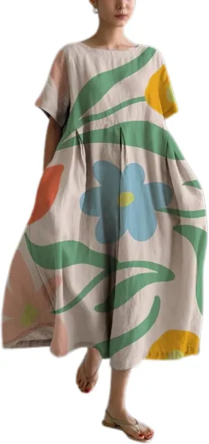Akivide Womens Baggy Oversized Plus Size Boho Floral Cotton Maxi Dresses Summer Casual Loose Flowy Long Dress
