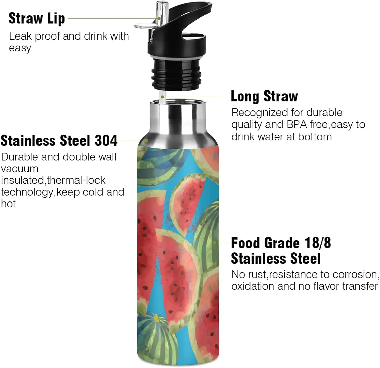 ALAZA 20oz Insulated Stainless Steel Bottle, BPA-Free, Watermelon Insulated Bike Water Bottle for Gym,Fitness and Outdoor Sports