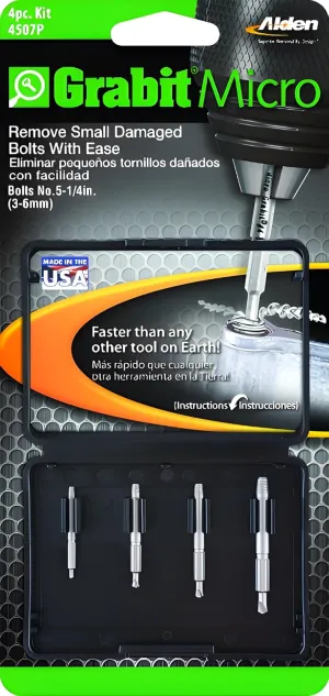 Alden 4507P Grabit Micro Broken Bolt Extractor 4 Piece Kit - Small Bolt and Screw Remover - Ideal for PC and Mac Repair - Made in The USA