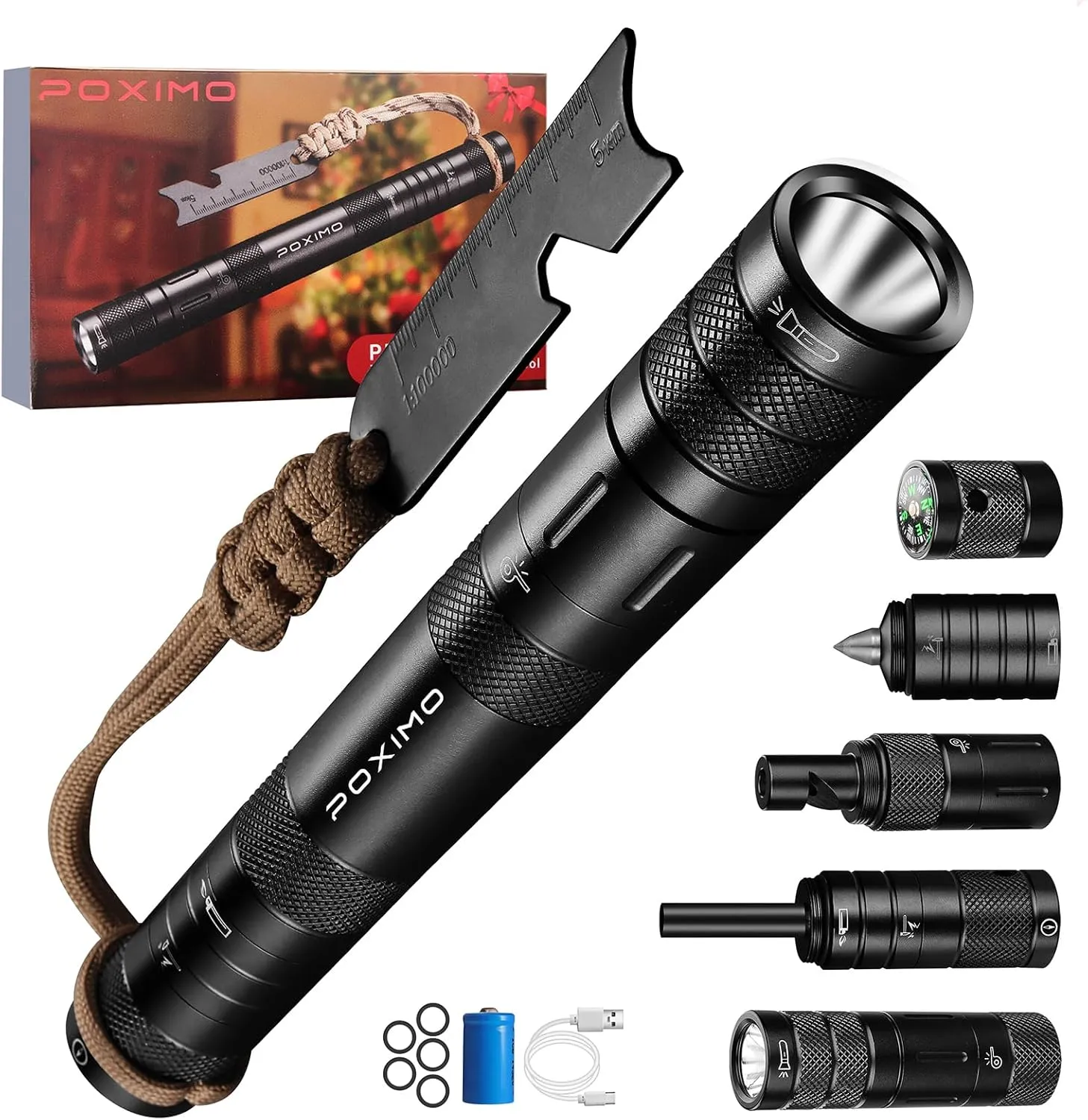 All-in-1 Multitool kits, Camping Survival Multi tool Flashlight Fire Starter Whistle Compass Window Breaker 9 In 1 EDC Gadgets for campers, Hiker, Surviver and Great Gifts for Men