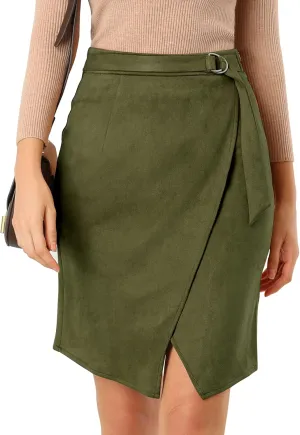 Allegra K Women's Faux Suede Skirt 2023 Fall Front Slit Faux Wrap Knee Length Pencil Skirts