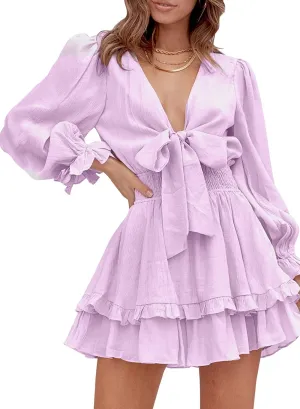 AlvaQ Womens Dresses Spring Summer Knot Front V Neck Ruffles Long Sleeve Floral Print Swing Mini Dress
