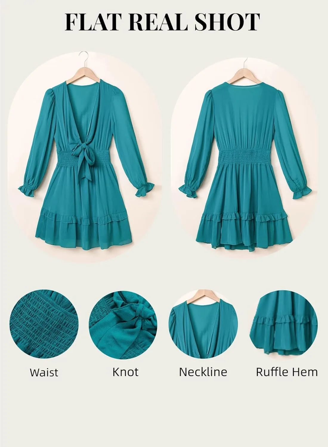 AlvaQ Womens Dresses Spring Summer Knot Front V Neck Ruffles Long Sleeve Floral Print Swing Mini Dress