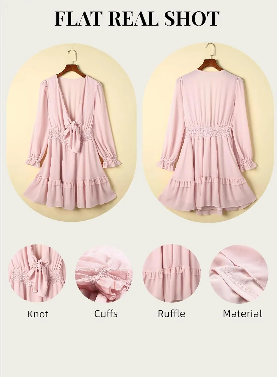 AlvaQ Womens Dresses Spring Summer Knot Front V Neck Ruffles Long Sleeve Floral Print Swing Mini Dress