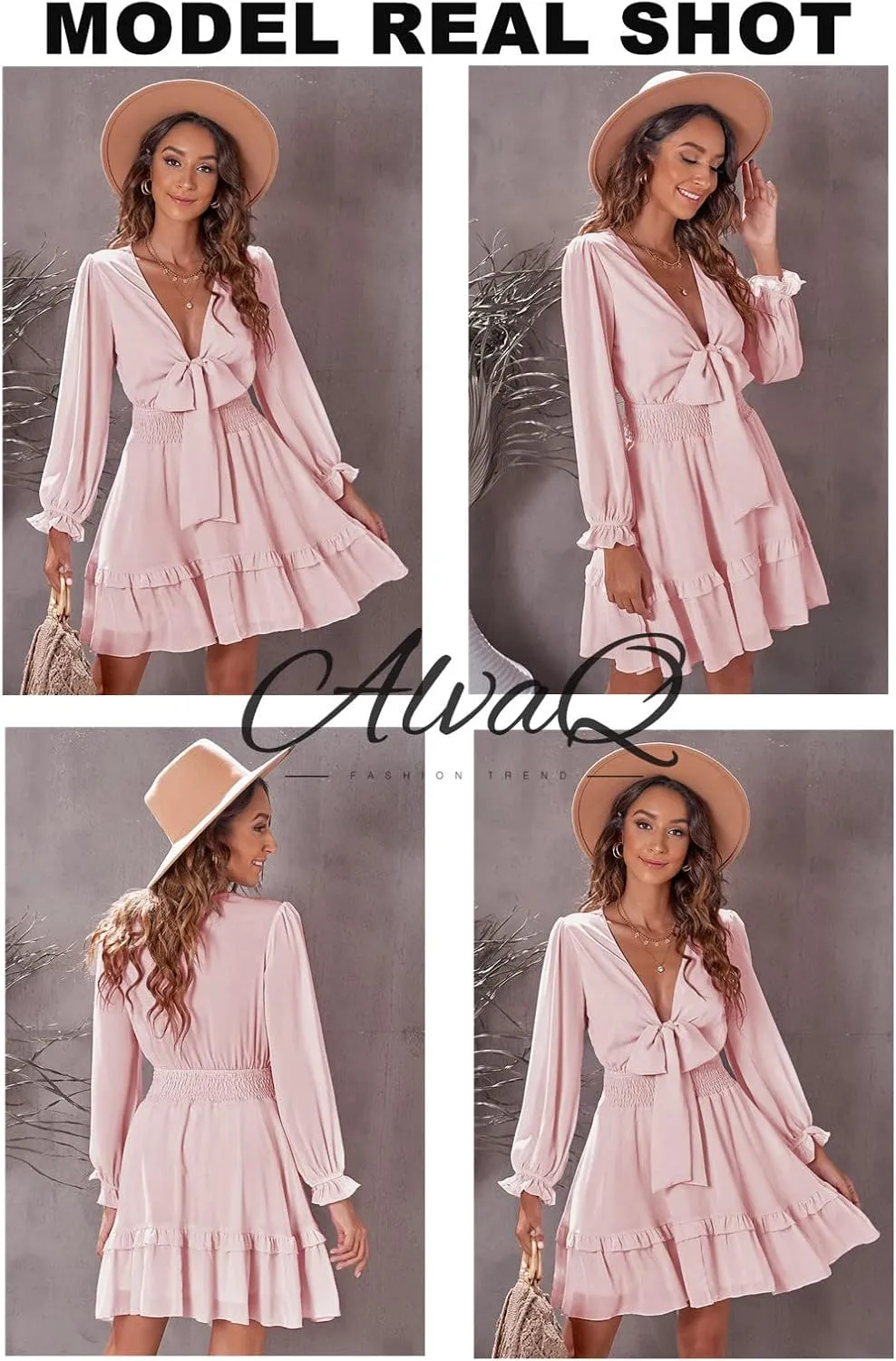 AlvaQ Womens Dresses Spring Summer Knot Front V Neck Ruffles Long Sleeve Floral Print Swing Mini Dress