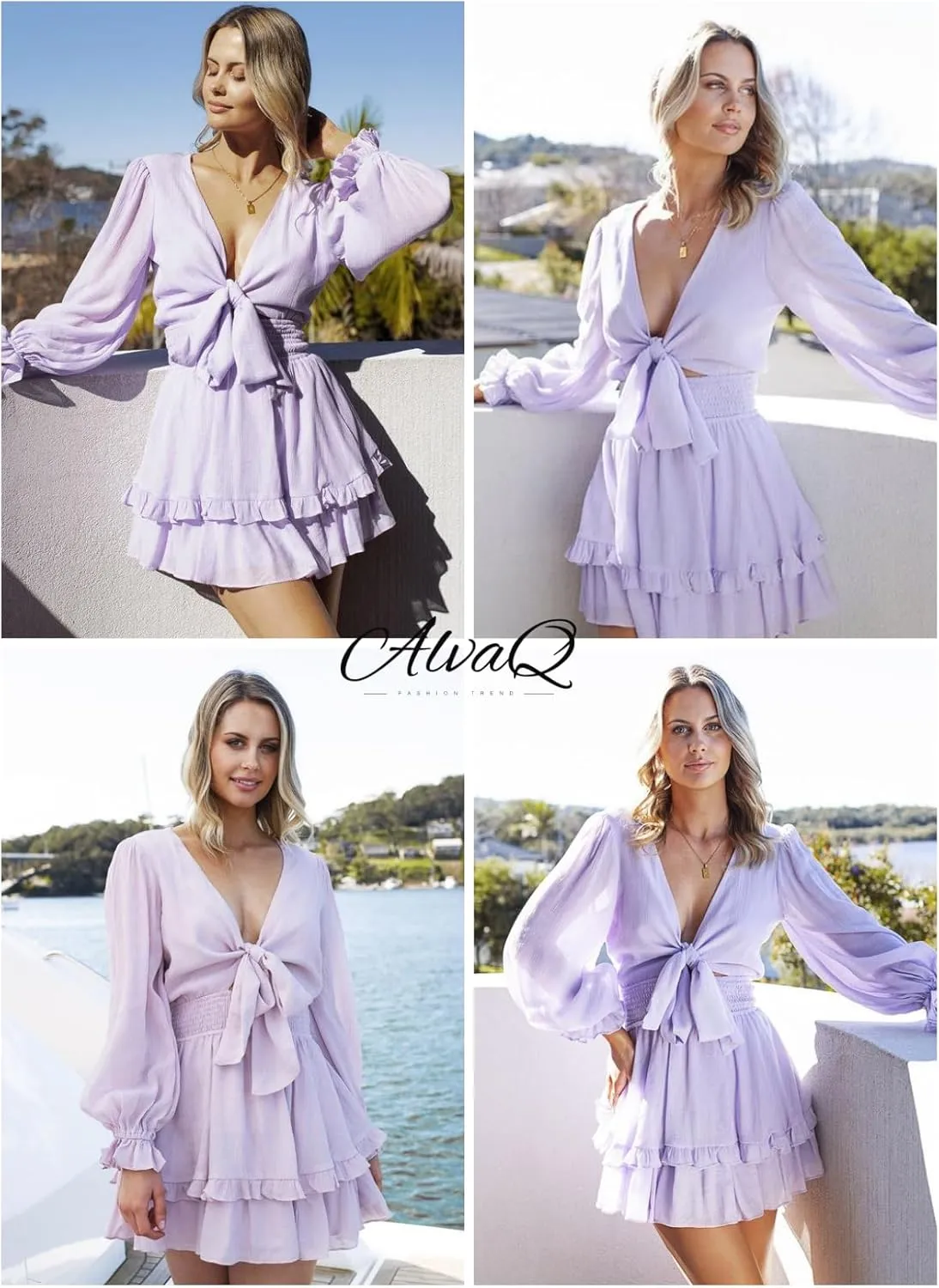 AlvaQ Womens Dresses Spring Summer Knot Front V Neck Ruffles Long Sleeve Floral Print Swing Mini Dress