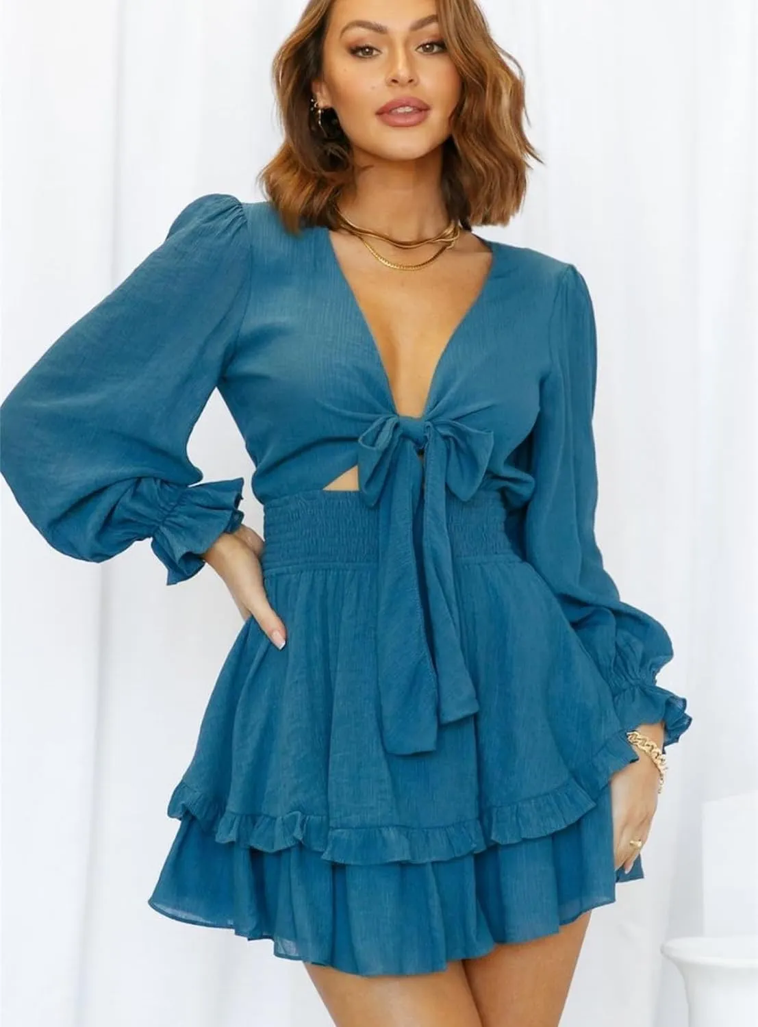 AlvaQ Womens Dresses Spring Summer Knot Front V Neck Ruffles Long Sleeve Floral Print Swing Mini Dress