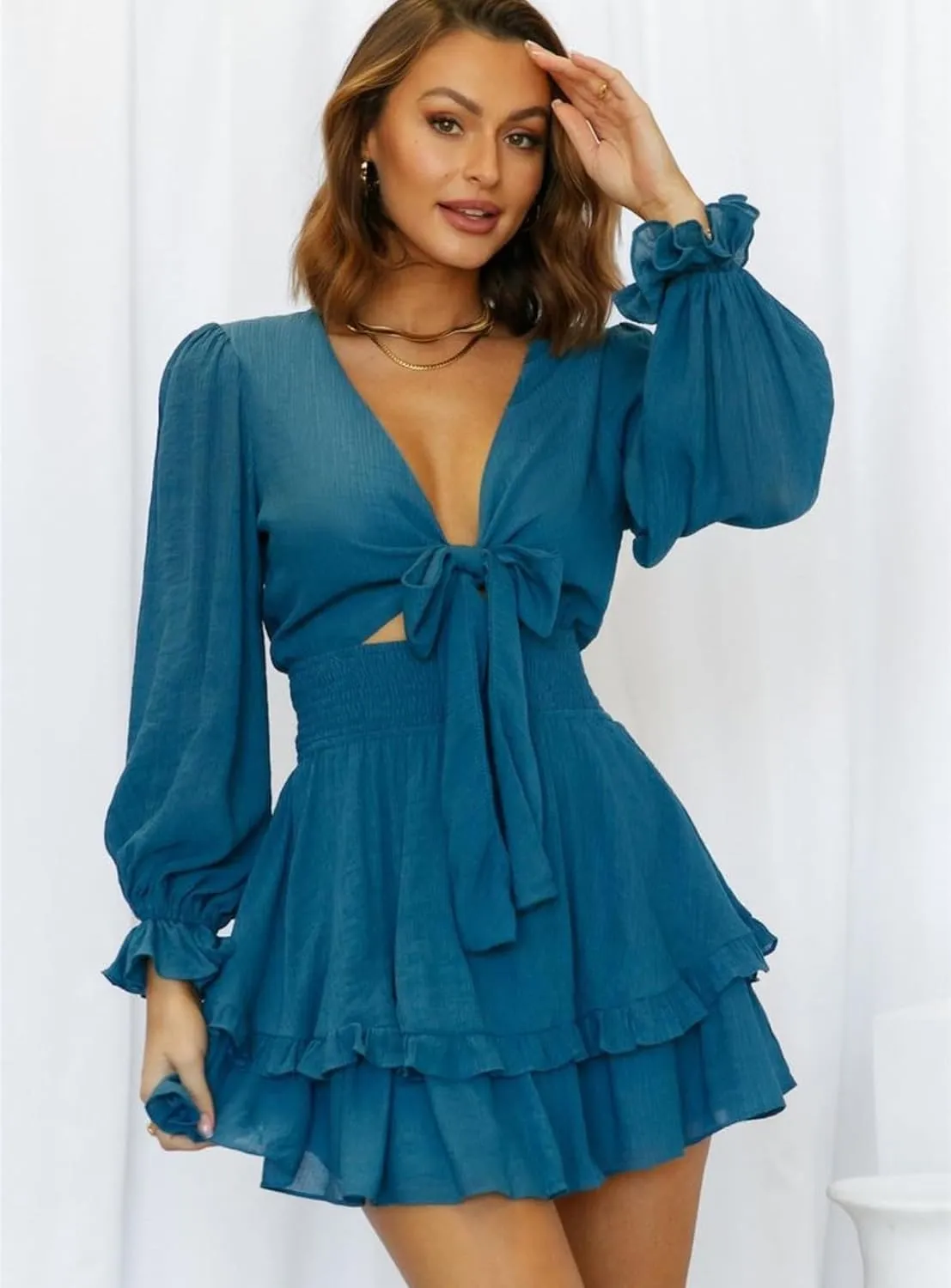 AlvaQ Womens Dresses Spring Summer Knot Front V Neck Ruffles Long Sleeve Floral Print Swing Mini Dress