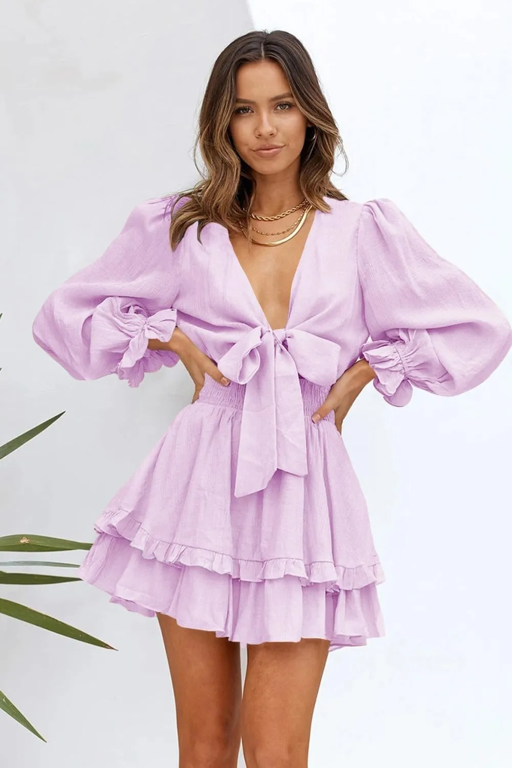 AlvaQ Womens Dresses Spring Summer Knot Front V Neck Ruffles Long Sleeve Floral Print Swing Mini Dress