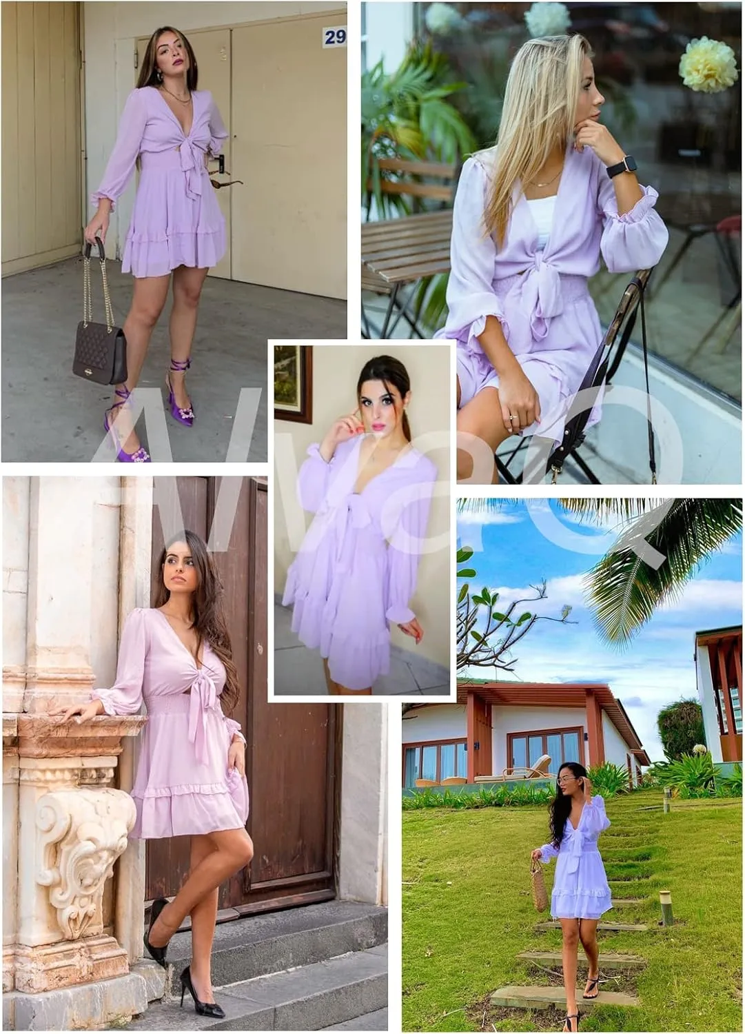AlvaQ Womens Dresses Spring Summer Knot Front V Neck Ruffles Long Sleeve Floral Print Swing Mini Dress