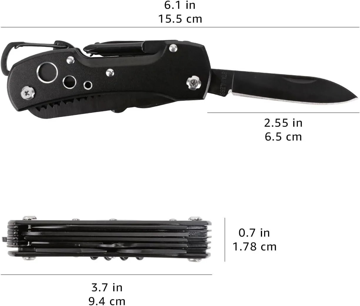 Amazon Basics 15-in-1 Stainless Steel Multitool Pocket Knife with Sheath, Black