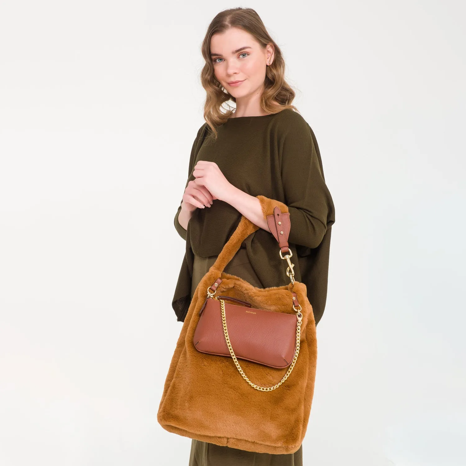 AMBRIOSA Vegan Apple Leather Faux Fur Shoulder Bag