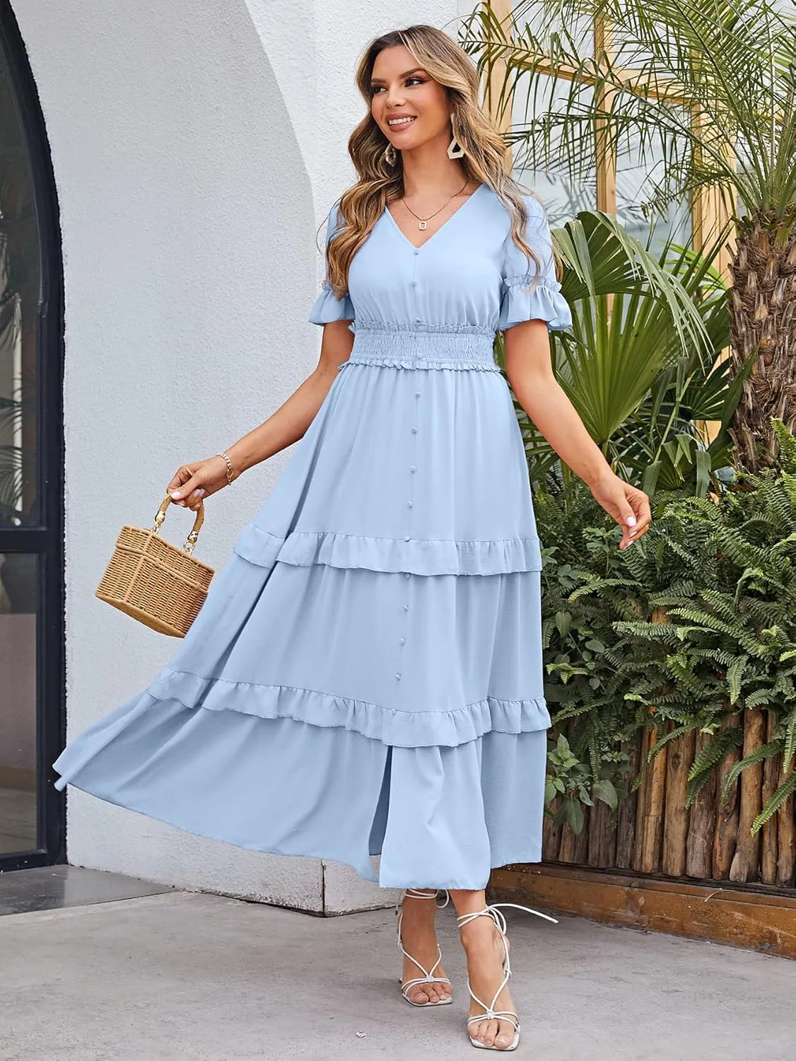 Amegoya Women's V Neck Long Sleeve Boho Maxi Dress Summer Wedding Guest Long Flowy Engagement Dresses