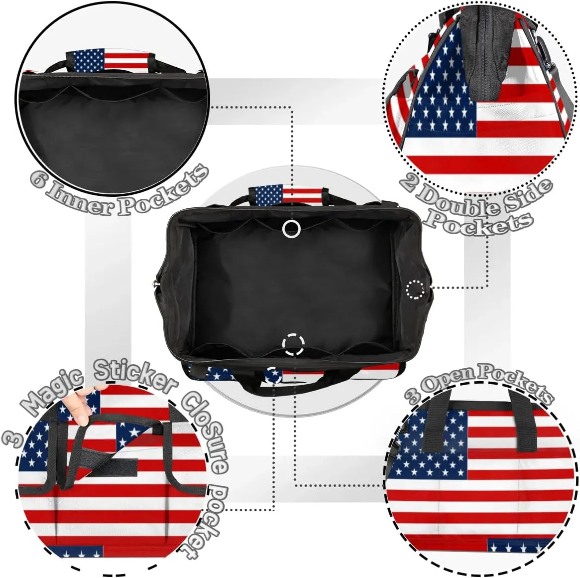 American Flag Tool Bag for Men Women Multi-Pockets Wide Mouth Tool Storage Bags 14.8 Inch Waterproof Heavy Duty Tool Bag Organizer for Electrician Mechanic Plumbers Handymen