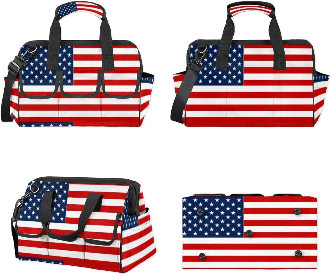 American Flag Tool Bag for Men Women Multi-Pockets Wide Mouth Tool Storage Bags 14.8 Inch Waterproof Heavy Duty Tool Bag Organizer for Electrician Mechanic Plumbers Handymen