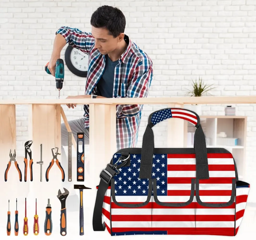 American Flag Tool Bag for Men Women Multi-Pockets Wide Mouth Tool Storage Bags 14.8 Inch Waterproof Heavy Duty Tool Bag Organizer for Electrician Mechanic Plumbers Handymen