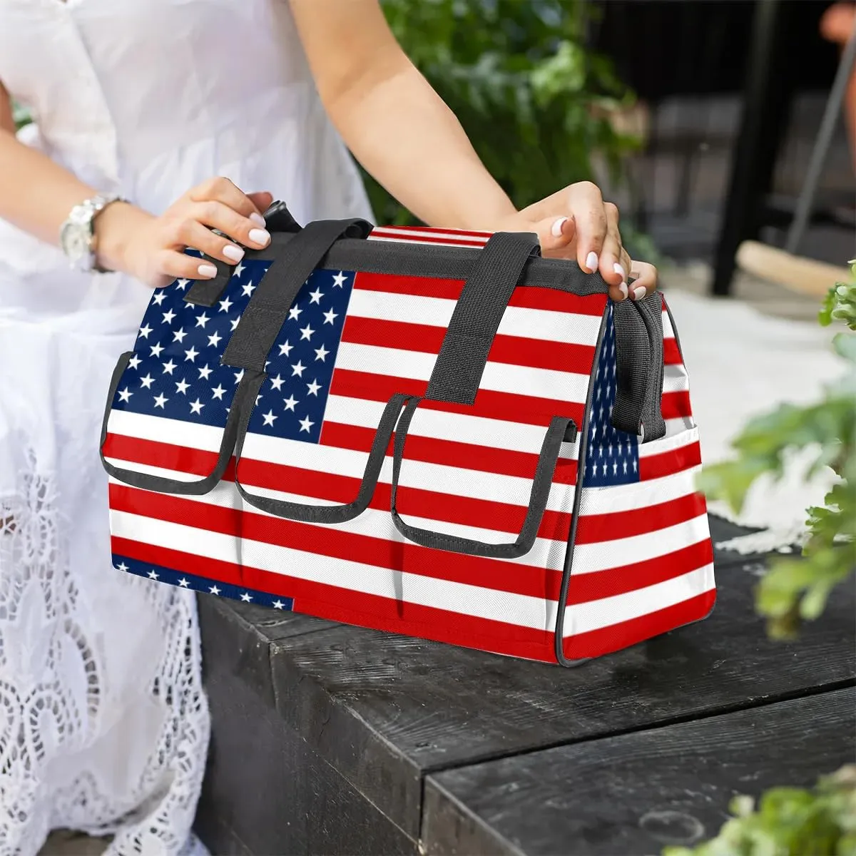 American Flag Tool Bag for Men Women Multi-Pockets Wide Mouth Tool Storage Bags 14.8 Inch Waterproof Heavy Duty Tool Bag Organizer for Electrician Mechanic Plumbers Handymen