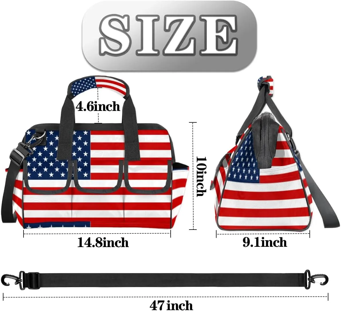 American Flag Tool Bag for Men Women Multi-Pockets Wide Mouth Tool Storage Bags 14.8 Inch Waterproof Heavy Duty Tool Bag Organizer for Electrician Mechanic Plumbers Handymen