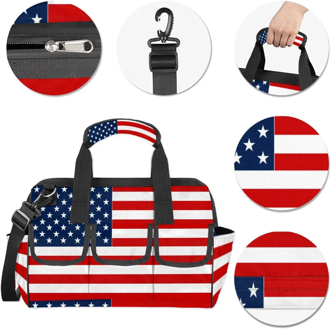 American Flag Tool Bag for Men Women Multi-Pockets Wide Mouth Tool Storage Bags 14.8 Inch Waterproof Heavy Duty Tool Bag Organizer for Electrician Mechanic Plumbers Handymen