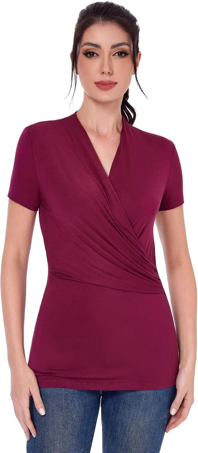 AmélieBoutik Women Casual V Neck Faux Wrap Ruched Side Short Sleeve Slim Fitted Blouse top