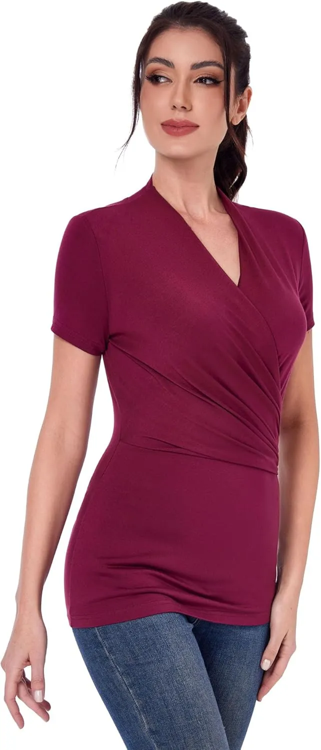 AmélieBoutik Women Casual V Neck Faux Wrap Ruched Side Short Sleeve Slim Fitted Blouse top