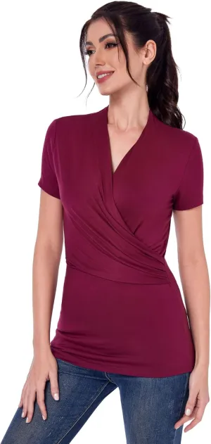 AmélieBoutik Women Casual V Neck Faux Wrap Ruched Side Short Sleeve Slim Fitted Blouse top